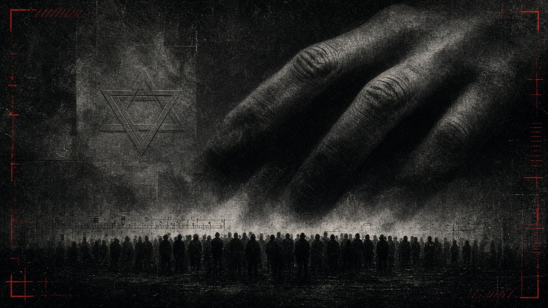 Dark cinematic editorial illustration of an oversized hand looming over silhouettes, with ledger textures and red crop marks. AI editorial illustration.