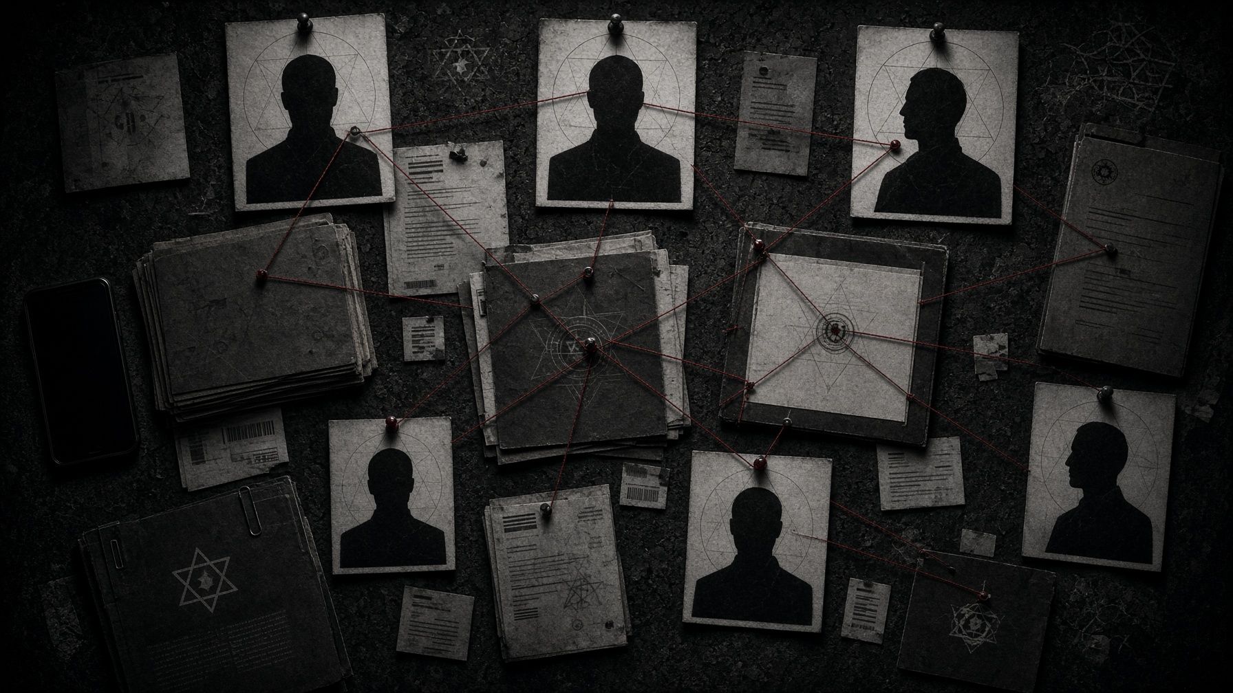Cinematic conspiracy-board editorial illustration with red strings and file folders. AI editorial illustration.