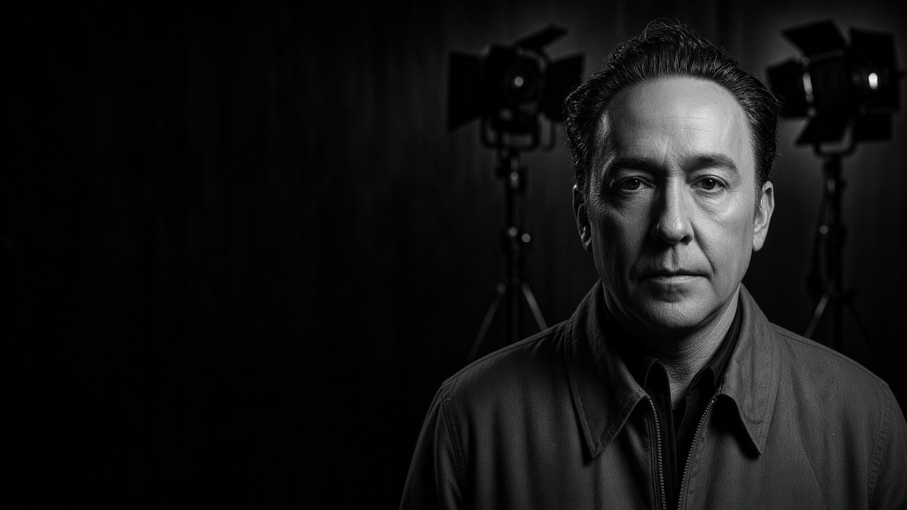 Black-and-white cinematic editorial portrait of John Cusack on a darkened film set. AI editorial illustration.