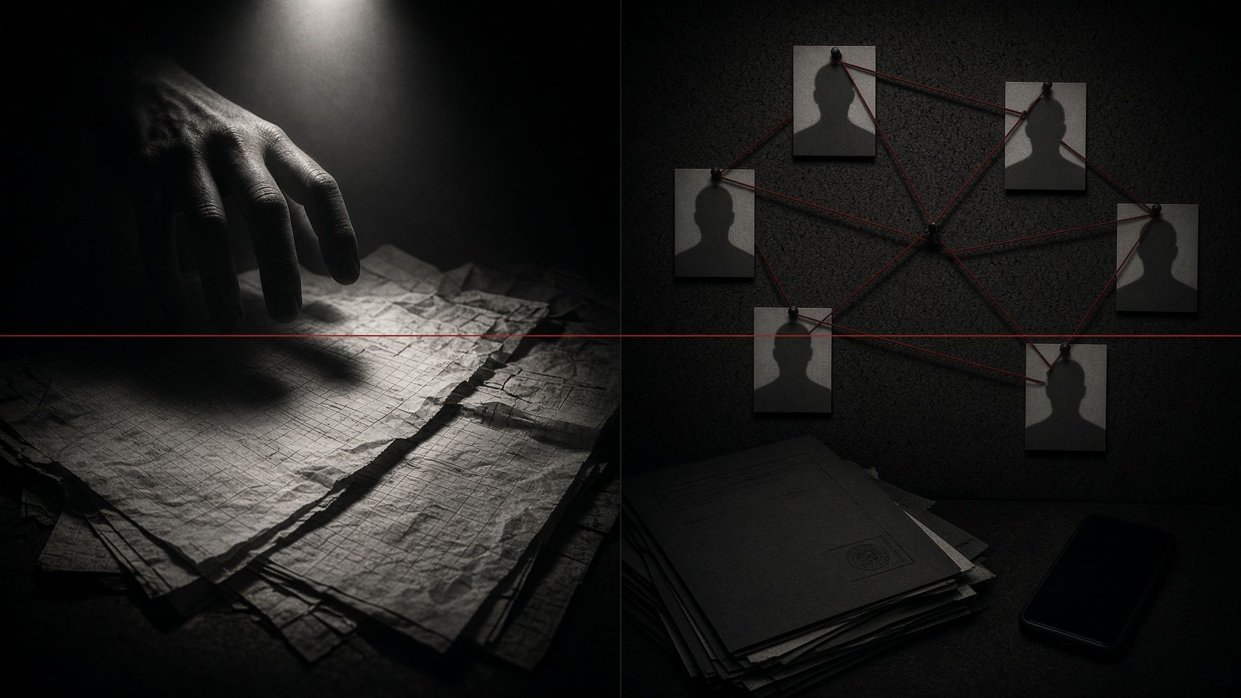Split cinematic editorial composition connecting domination imagery with a conspiracy-board network.