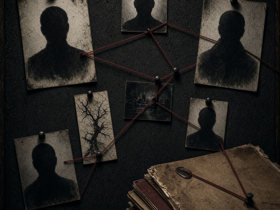 Editorial illustration of an investigation board with red strings, representing the 2025 conspiracy graphic.